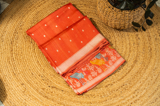 Tussar Gorgette Saree with Meenakari Work and Bird Motifs- Rust Orange