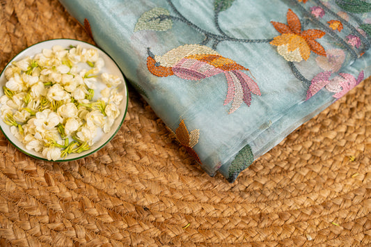 Glass Tissue saree Parsi jaal work — floral and nature-inspired motifs