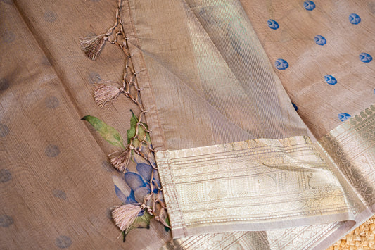 Tussar Floral Digital Print Silver Zari Border Saree