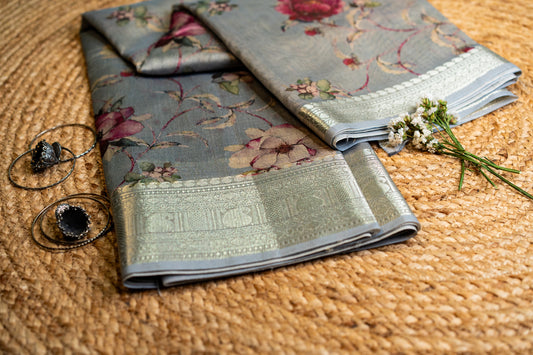 Tussar Floral Digital Print Saree Ice Blue
