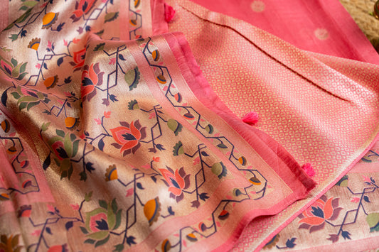 Tussar Gorgette Saree with Meenakari Work Pink