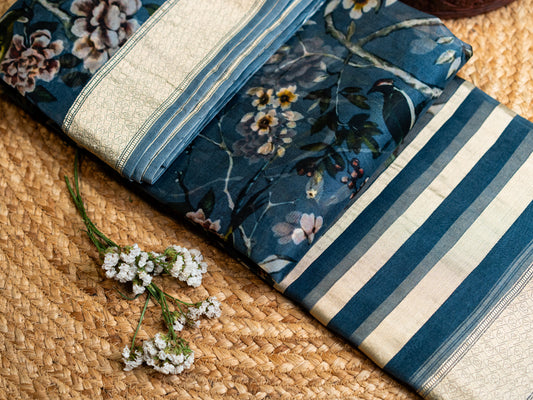 Silk Organza Digital Print Golden Zari Weaving Saree Cobalt Blue