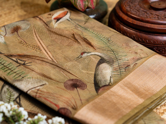 Silk Organza Flamingo Digital Print Golden Zari Weaving