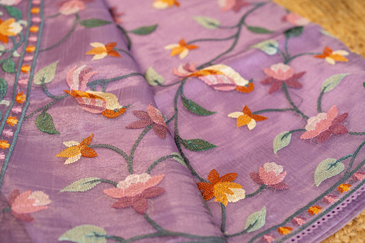 Glass Tissue saree with Parsi jaal work — floral and nature-inspired motifs,