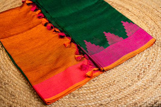 Linen Temple Border with Multicolor Pallu Deep Green