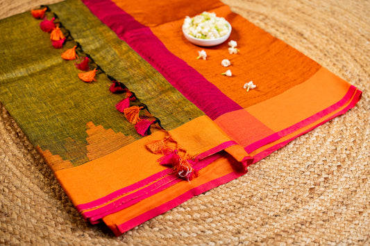 Linen Temple Border with Multicolor Pallu Olive Green