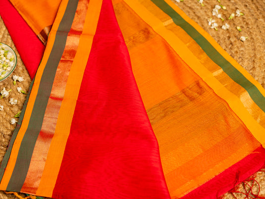 Maheshwari Teen Kinar Mercerised & Zari Border Saree with Plain Body