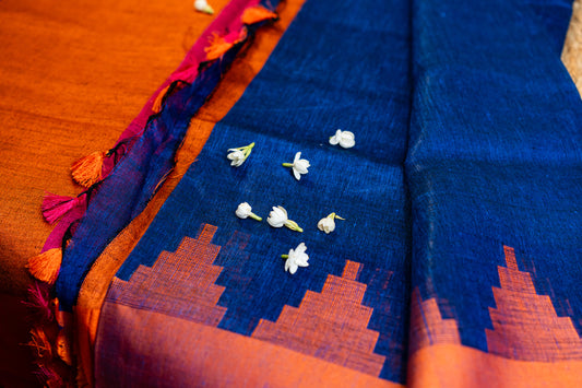 Linen Temple Border with Multicolor Pallu Blue