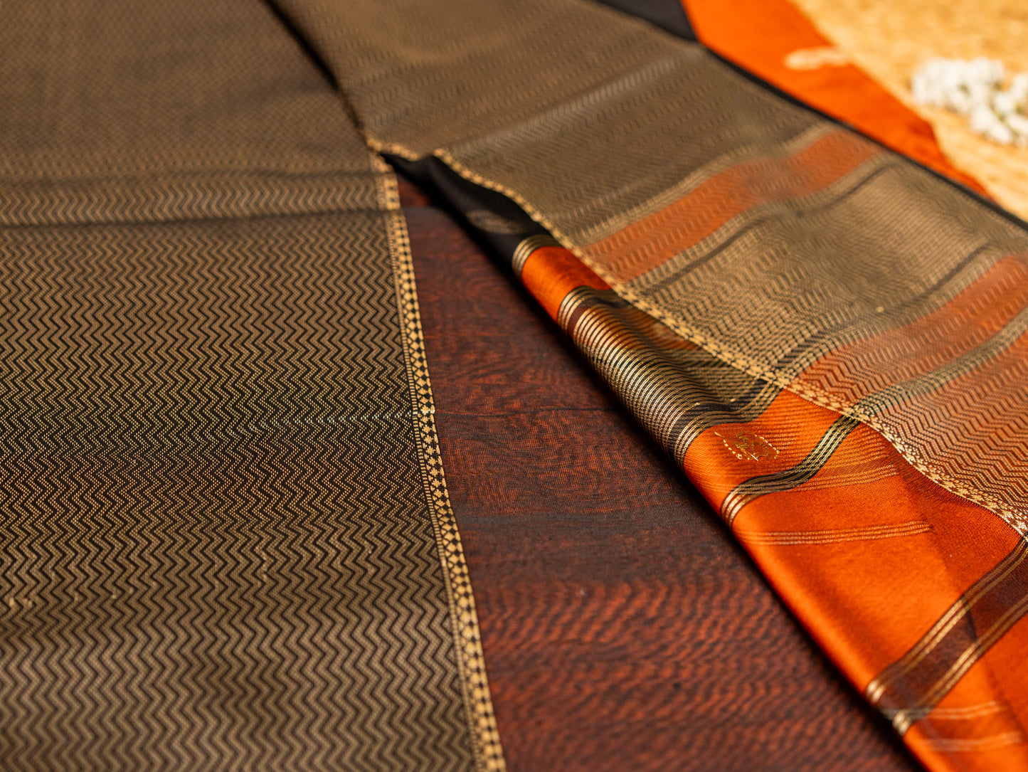 Maheshwari Resham Thread Border with allover Thread Butti weaving Rust Orange & Black