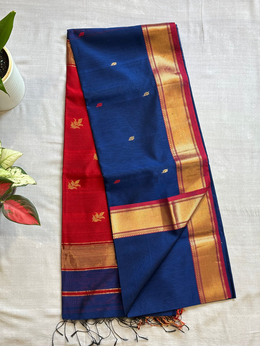 Traditional Maheshwari Paithani Border with all over Swastika Zari Butti Weaving Sarees Royal Blue & Red