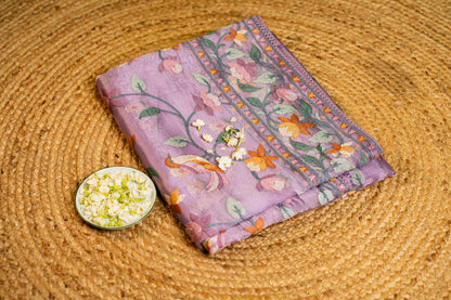 Glass Tissue saree with Parsi jaal work — floral and nature-inspired motifs,