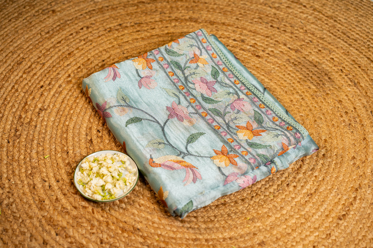 Glass Tissue saree Parsi jaal work — floral and nature-inspired motifs