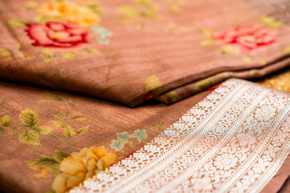 Tussar Pink Floral Digital Print Silver Zari Border Saree