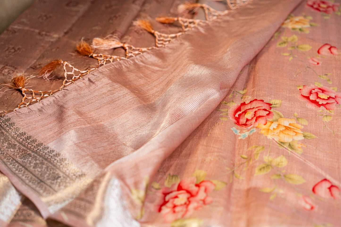 Tussar Pink Floral Digital Print Silver Zari Border Saree