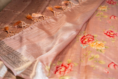 Tussar Pink Floral Digital Print Silver Zari Border Saree