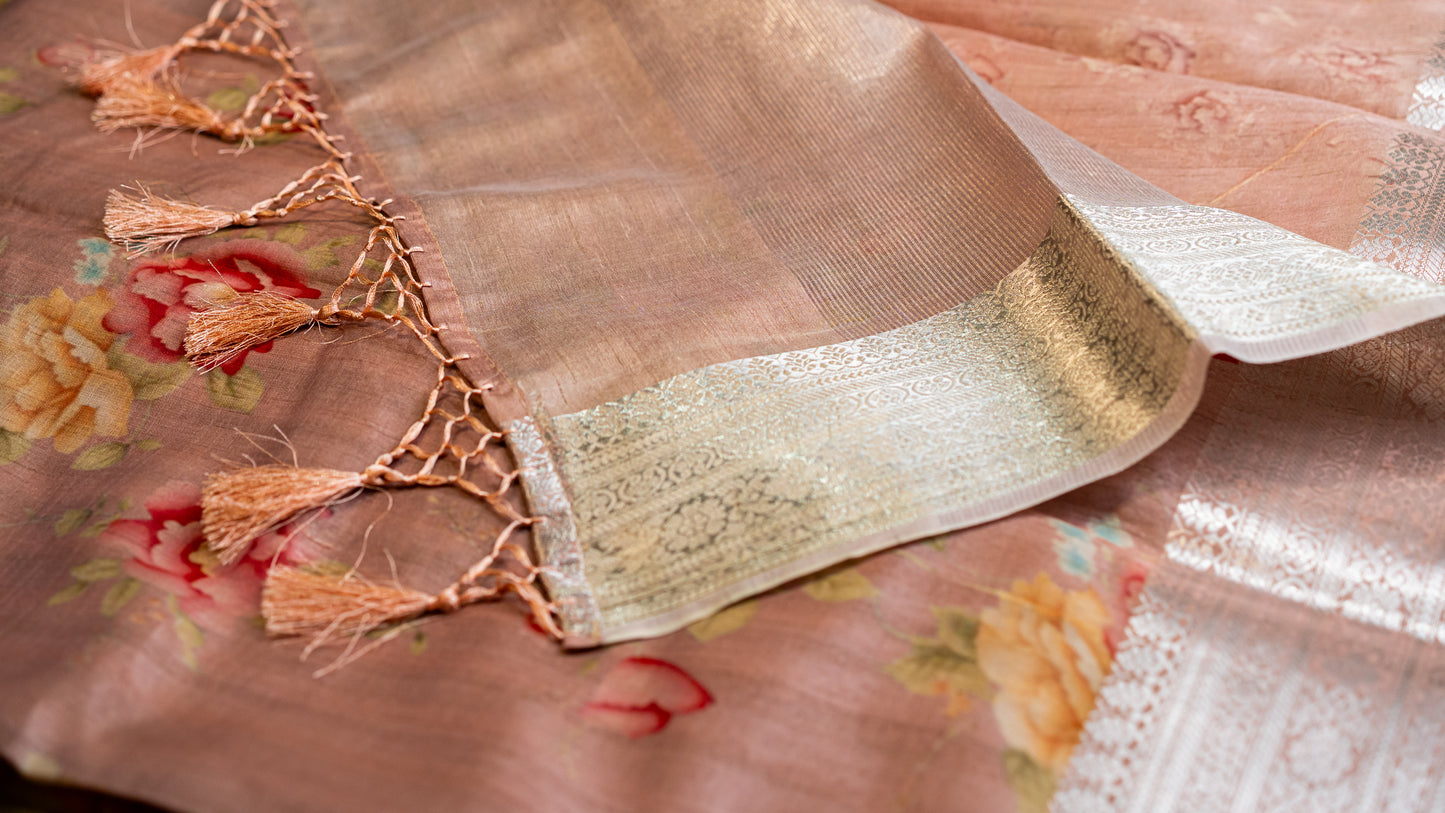 Tussar Pink Floral Digital Print Silver Zari Border Saree