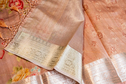 Tussar Pink Floral Digital Print Silver Zari Border Saree