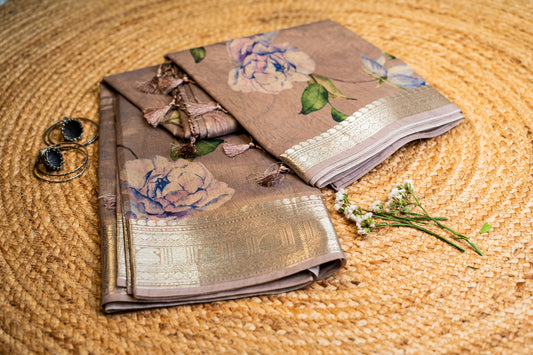 Tussar Floral Digital Print Silver Zari Border Saree