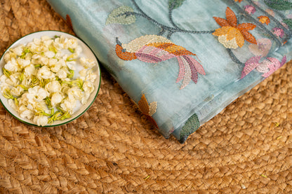 Glass Tissue saree Parsi jaal work — floral and nature-inspired motifs
