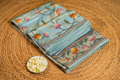 Glass Tissue saree Parsi jaal work — floral and nature-inspired motifs