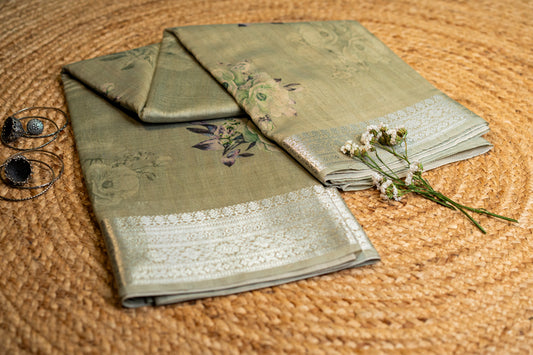 Tussar Floral Digital Print Silver Zari Border Saree Greyish Green