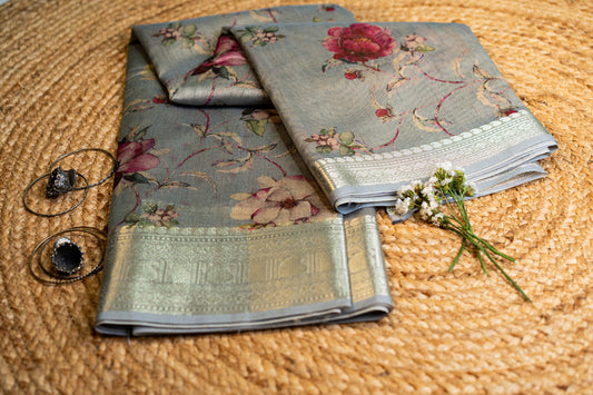 Tussar Floral Digital Print Saree Ice Blue