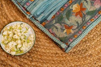 Glass Tissue saree Parsi jaal work — floral and nature-inspired motifs