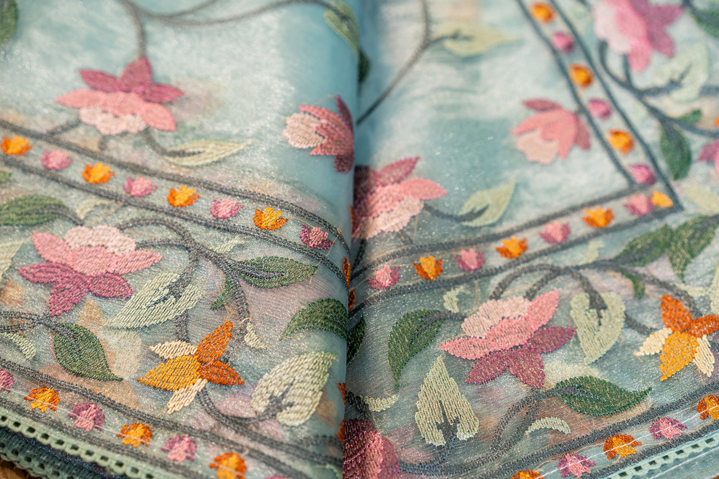 Glass Tissue saree Parsi jaal work — floral and nature-inspired motifs