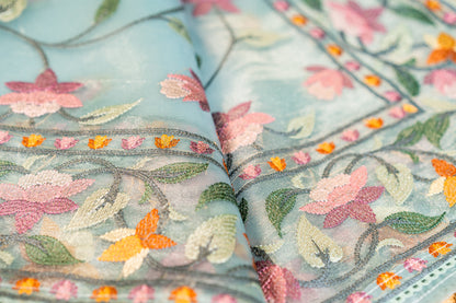 Glass Tissue saree Parsi jaal work — floral and nature-inspired motifs