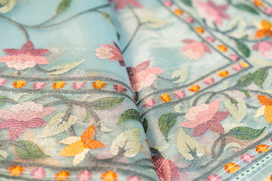 Glass Tissue saree Parsi jaal work — floral and nature-inspired motifs
