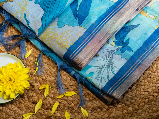 Organza Digital Print Saree Blue