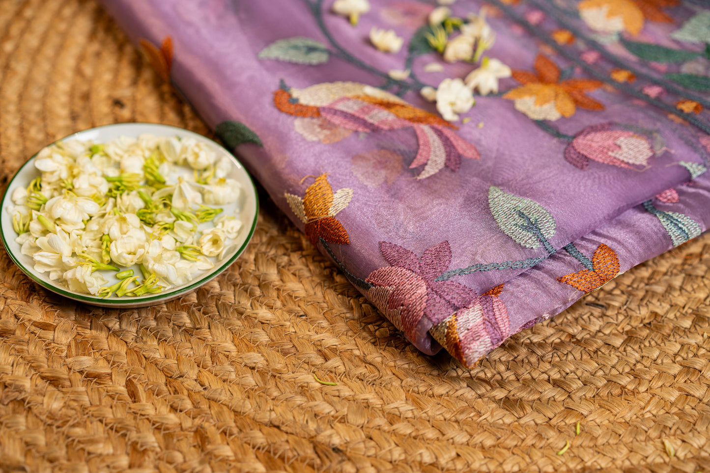 Glass Tissue saree with Parsi jaal work — floral and nature-inspired motifs,
