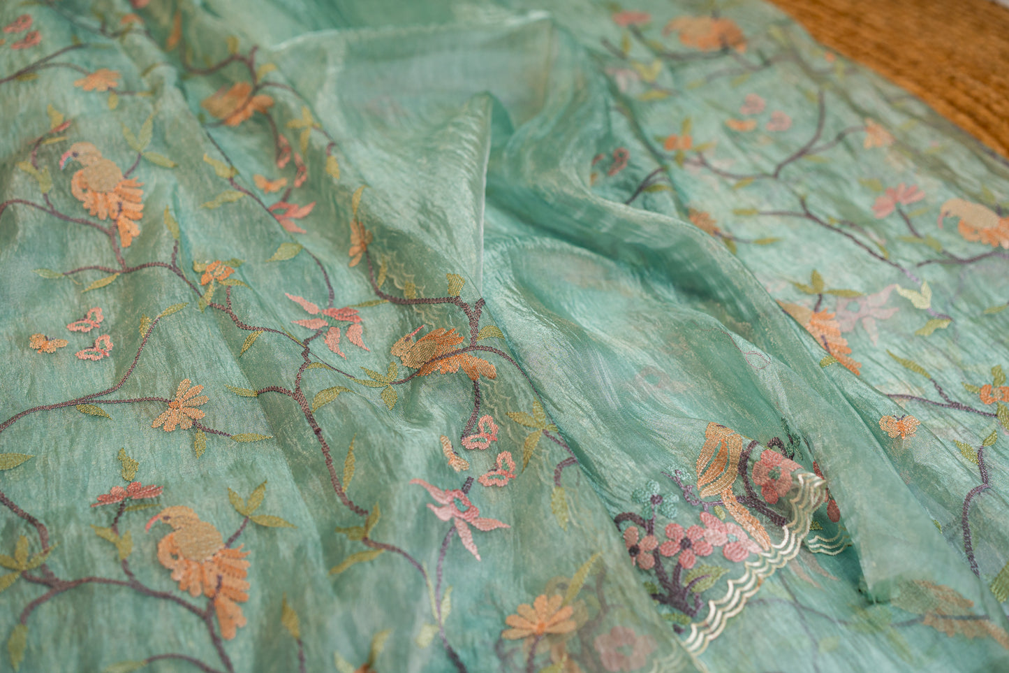 Glass Tissue saree with floral and nature-inspired motifs embroidery