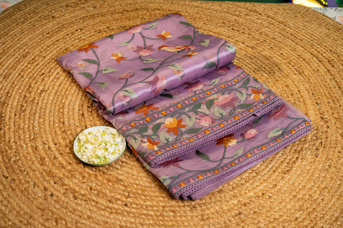 Glass Tissue saree with Parsi jaal work — floral and nature-inspired motifs,