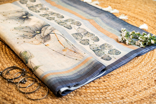 Linen with Embroidery Blue & Grey
