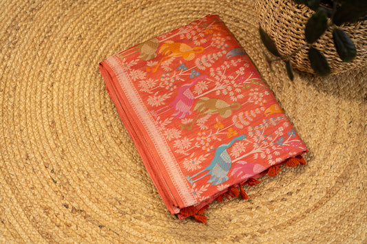 Tussar Gorgette Saree with Meenakari Work and Bird Motifs- Rust Orange