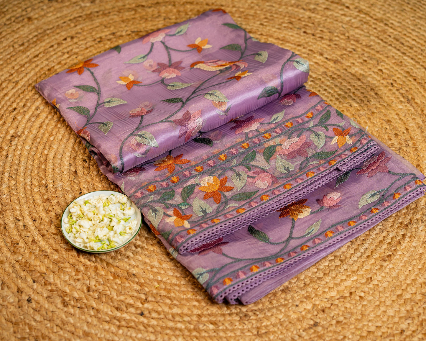 Glass Tissue saree with Parsi jaal work — floral and nature-inspired motifs,