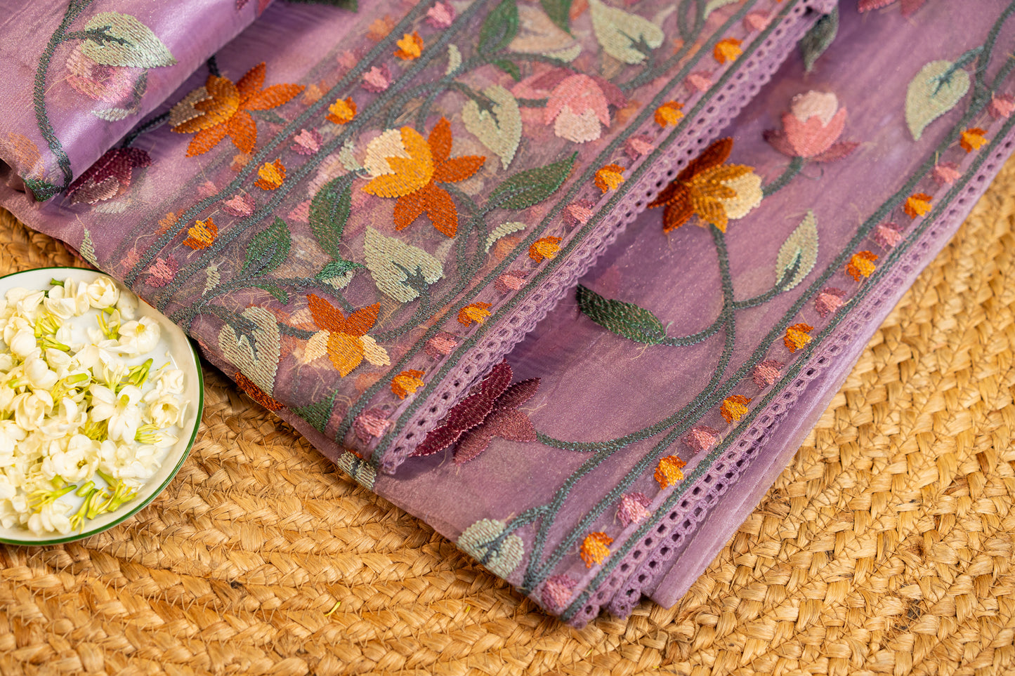 Glass Tissue saree with Parsi jaal work — floral and nature-inspired motifs,