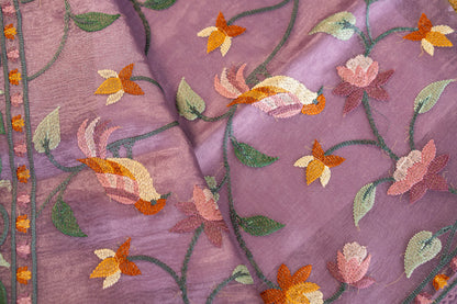 Glass Tissue saree with Parsi jaal work — floral and nature-inspired motifs,