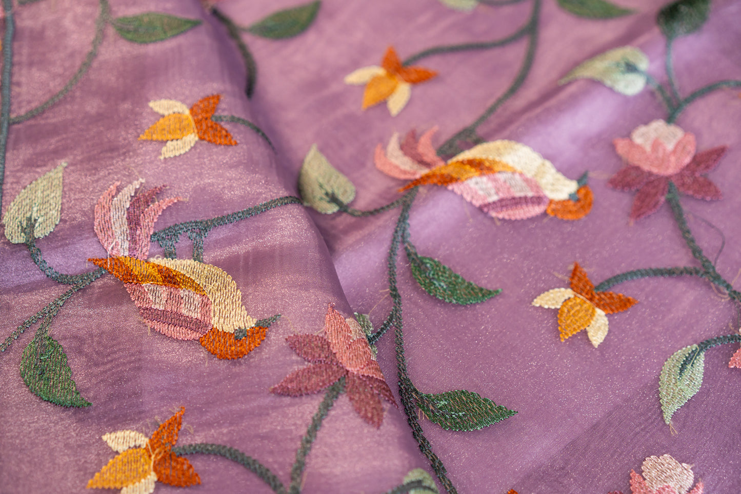 Glass Tissue saree with Parsi jaal work — floral and nature-inspired motifs,