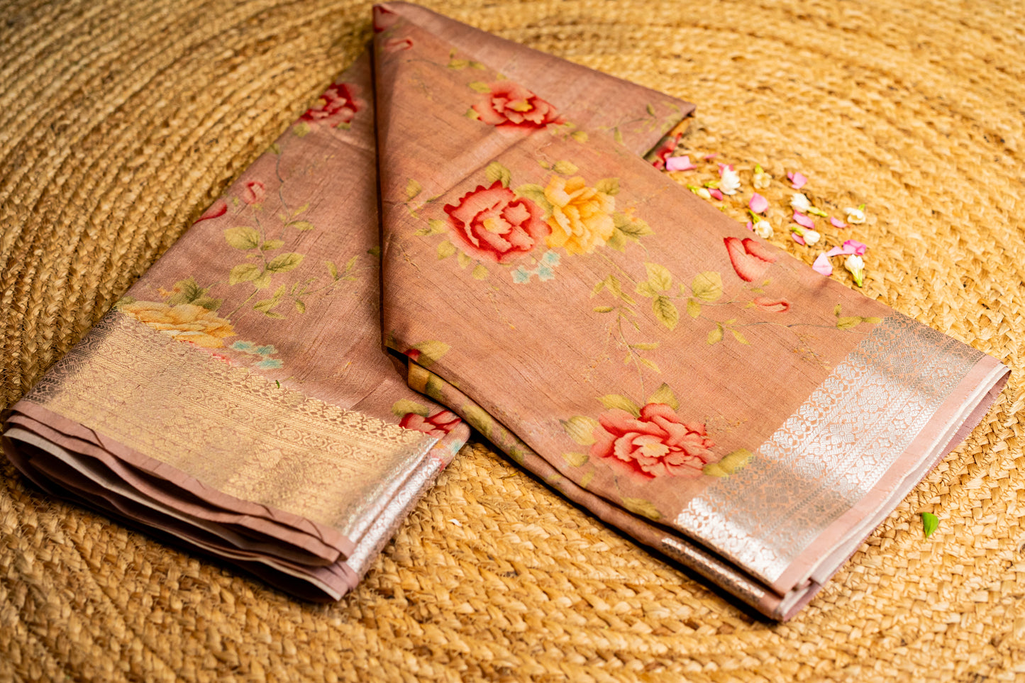 Tussar Pink Floral Digital Print Silver Zari Border Saree