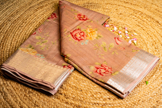 Tussar Pink Floral Digital Print Silver Zari Border Saree