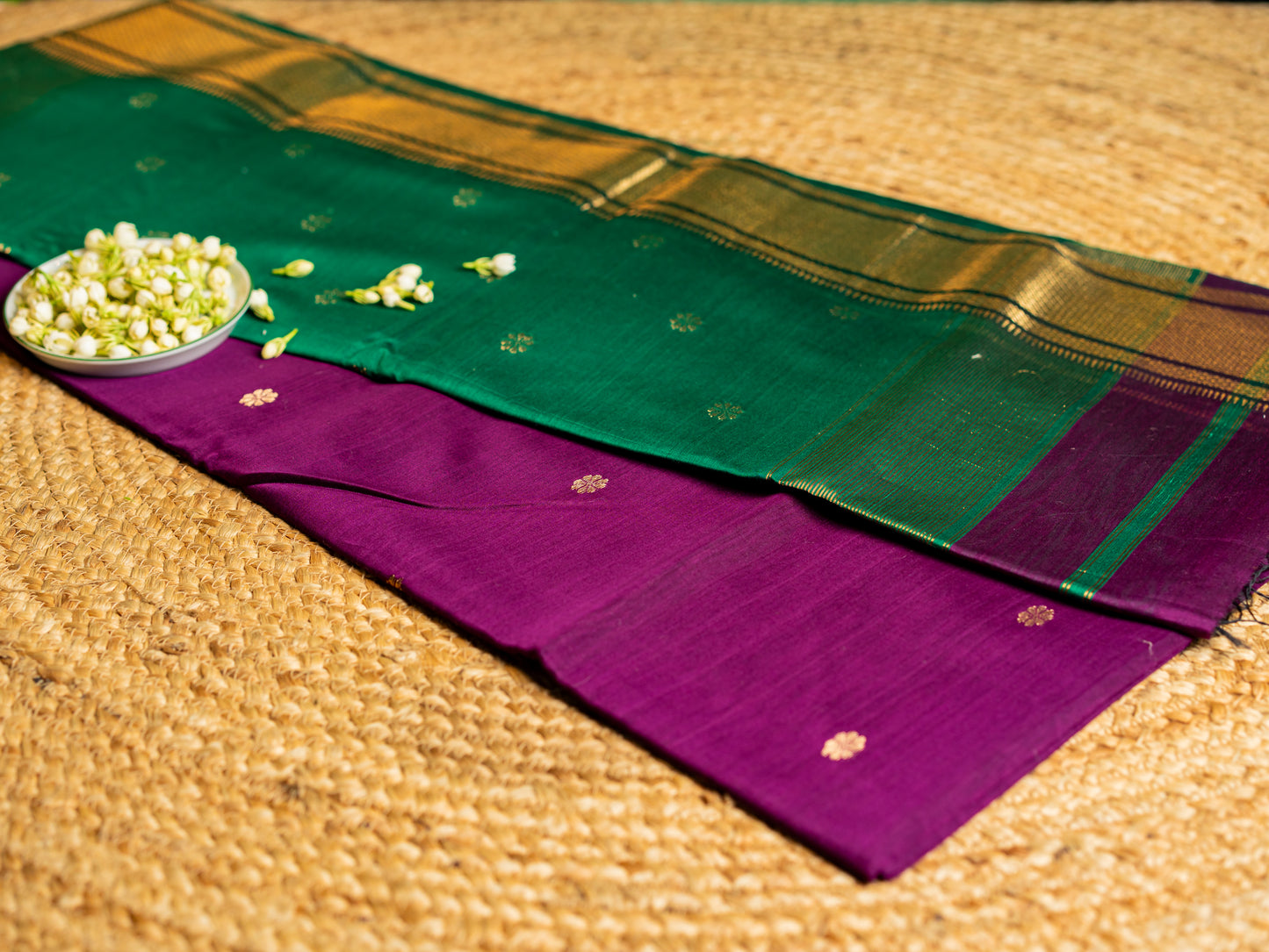 Maheshwari Paithani Border with all over Swastika Zari Butti Weaving Sarees Purple & Green