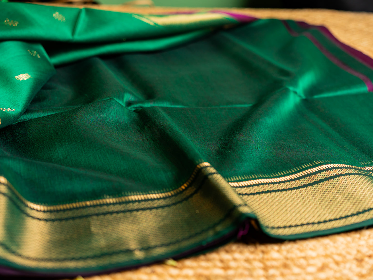 Maheshwari Paithani Border with all over Swastika Zari Butti Weaving Sarees Purple & Green