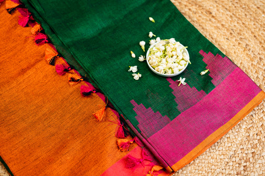 Linen Temple Border with Multicolor Pallu Deep Green