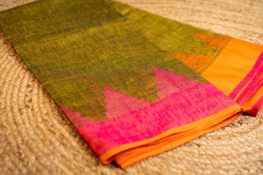 Linen Temple Border with Multicolor Pallu Olive Green