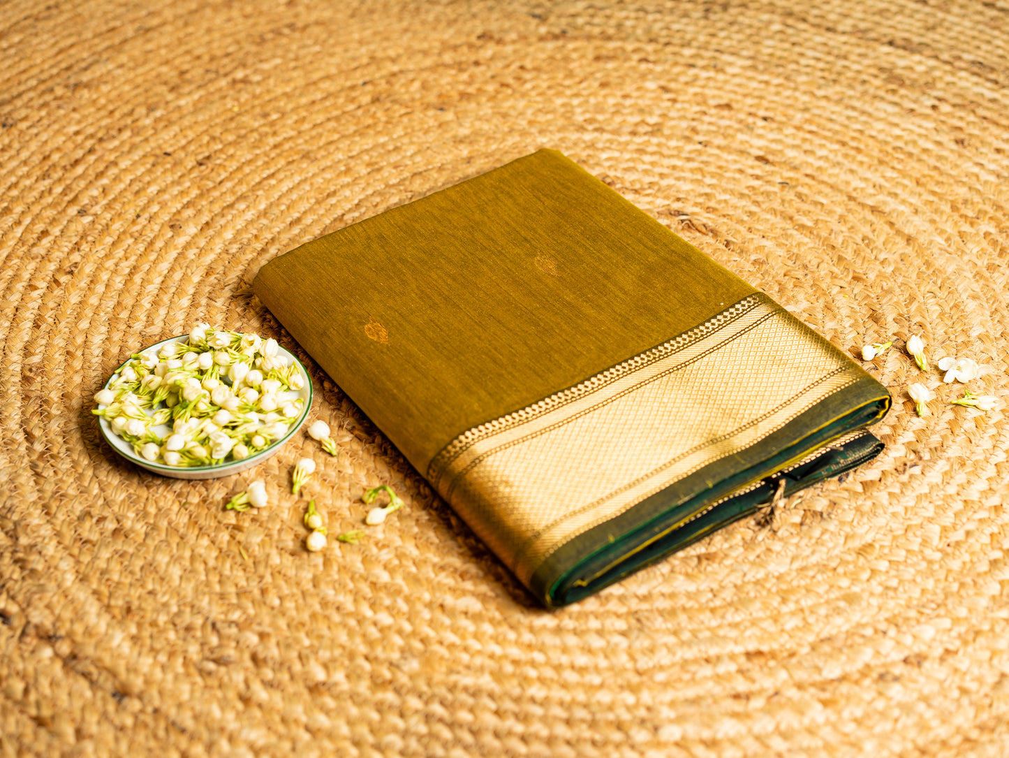 Traditional Maheshwari Paithani Border with all over Swastika Zari Butti Weaving Sarees Olive Green & Bottle Green