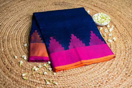 Linen Temple Border with Multicolor Pallu Blue