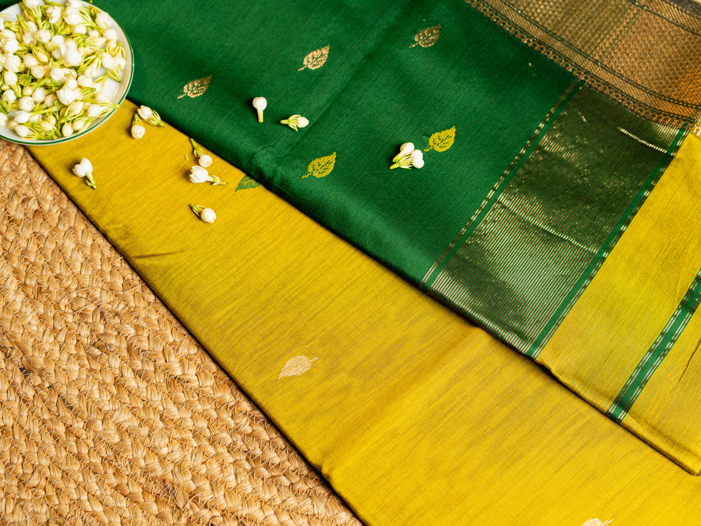 Traditional Maheshwari Paithani Border with all over Swastika Zari Butti Weaving Sarees Olive Green & Bottle Green