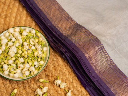 Maheshwari Gold n Silver Small Zari Border Saree with triangle Butti Weaving